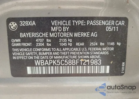2011 BMW 328I xDrive from USA, damaged, VIN WBAPK5C58BF121983